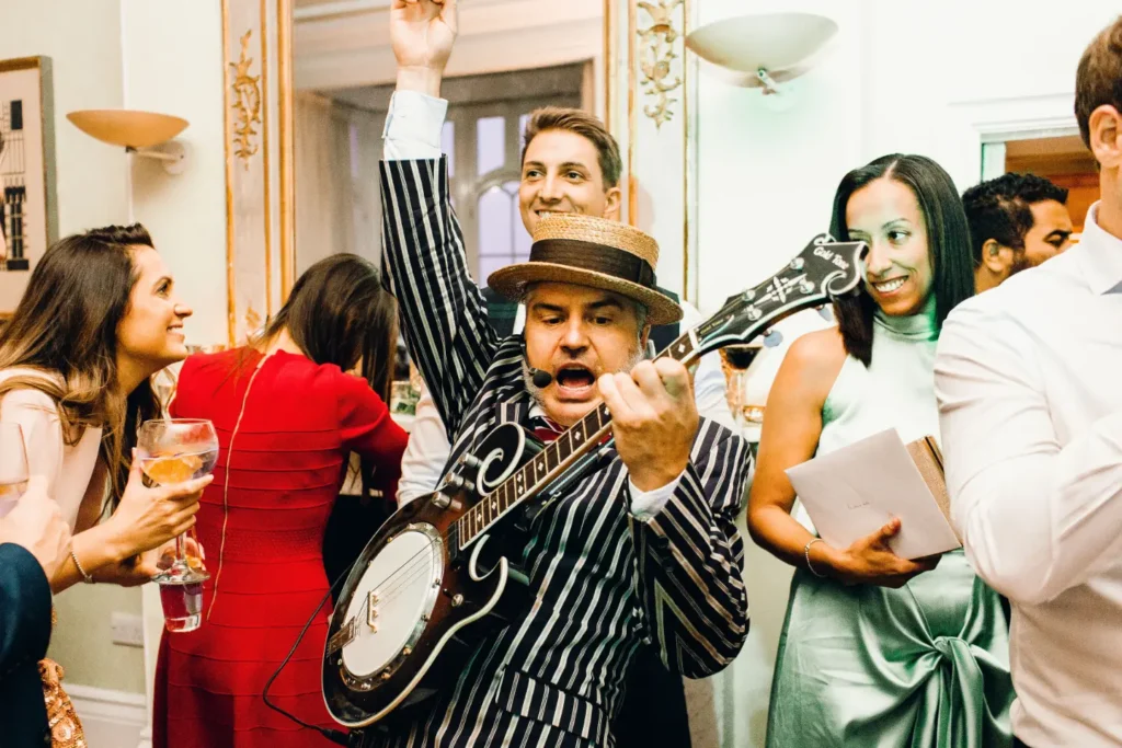 Iron bootscrapers performing at a wedding